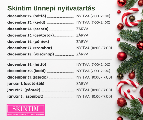 Téli ünnepi nyitvatartás a Skintim szalonokban